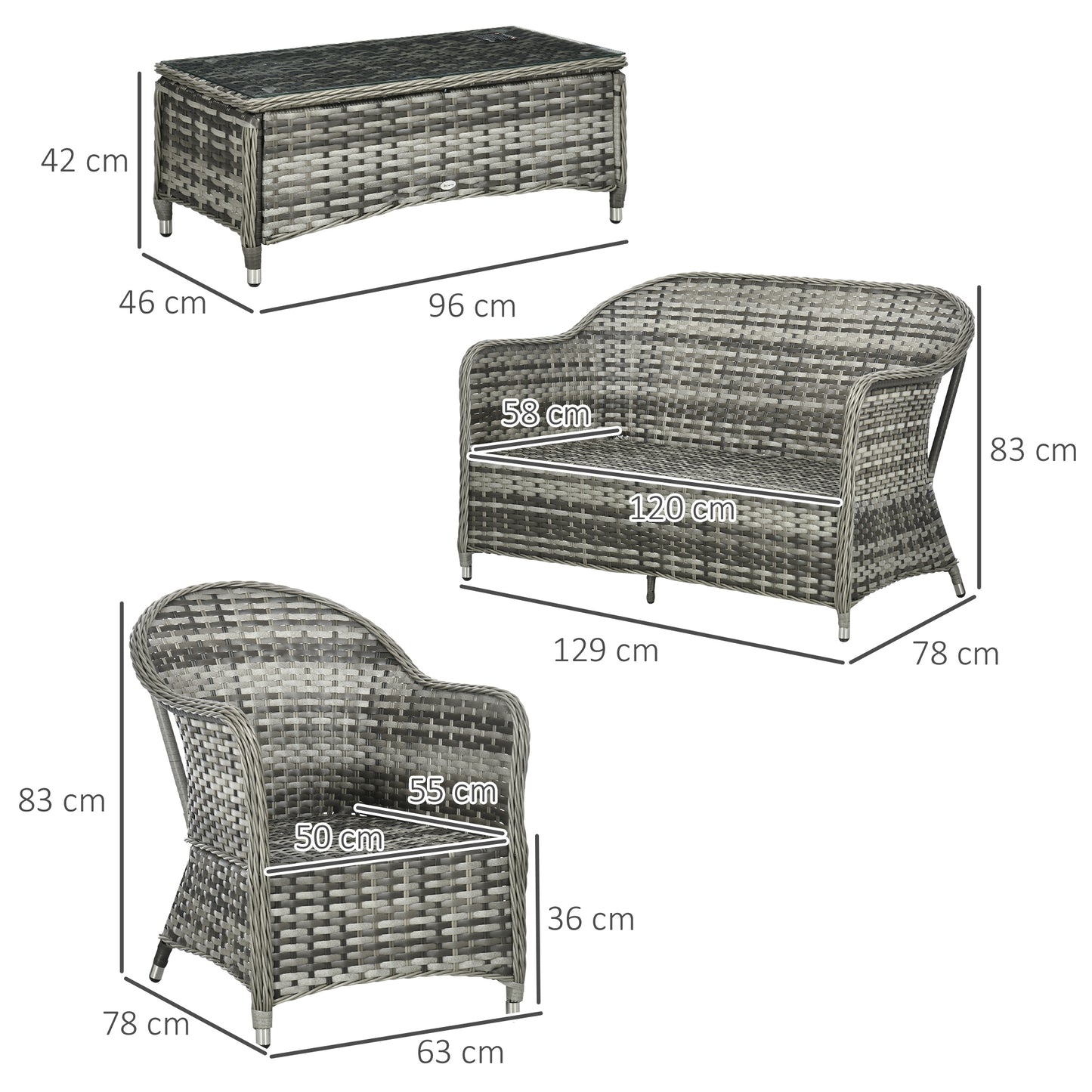 Yoro Grey Rattan Orange 4 Seater Outdoor Sofa Set With Glass Coffee Table