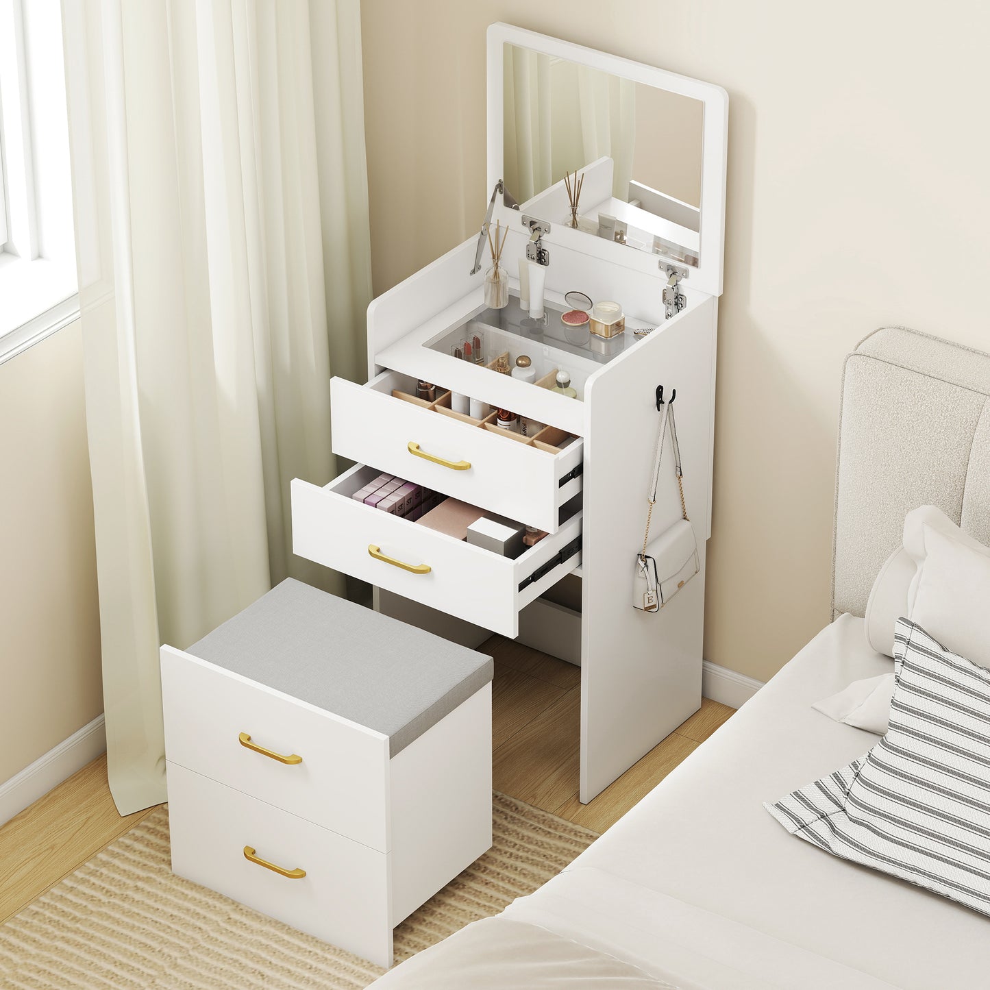 Yova White Compact Dressing Table And Stool Set With Storage