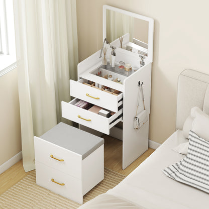Yova White Compact Dressing Table And Stool Set With Storage