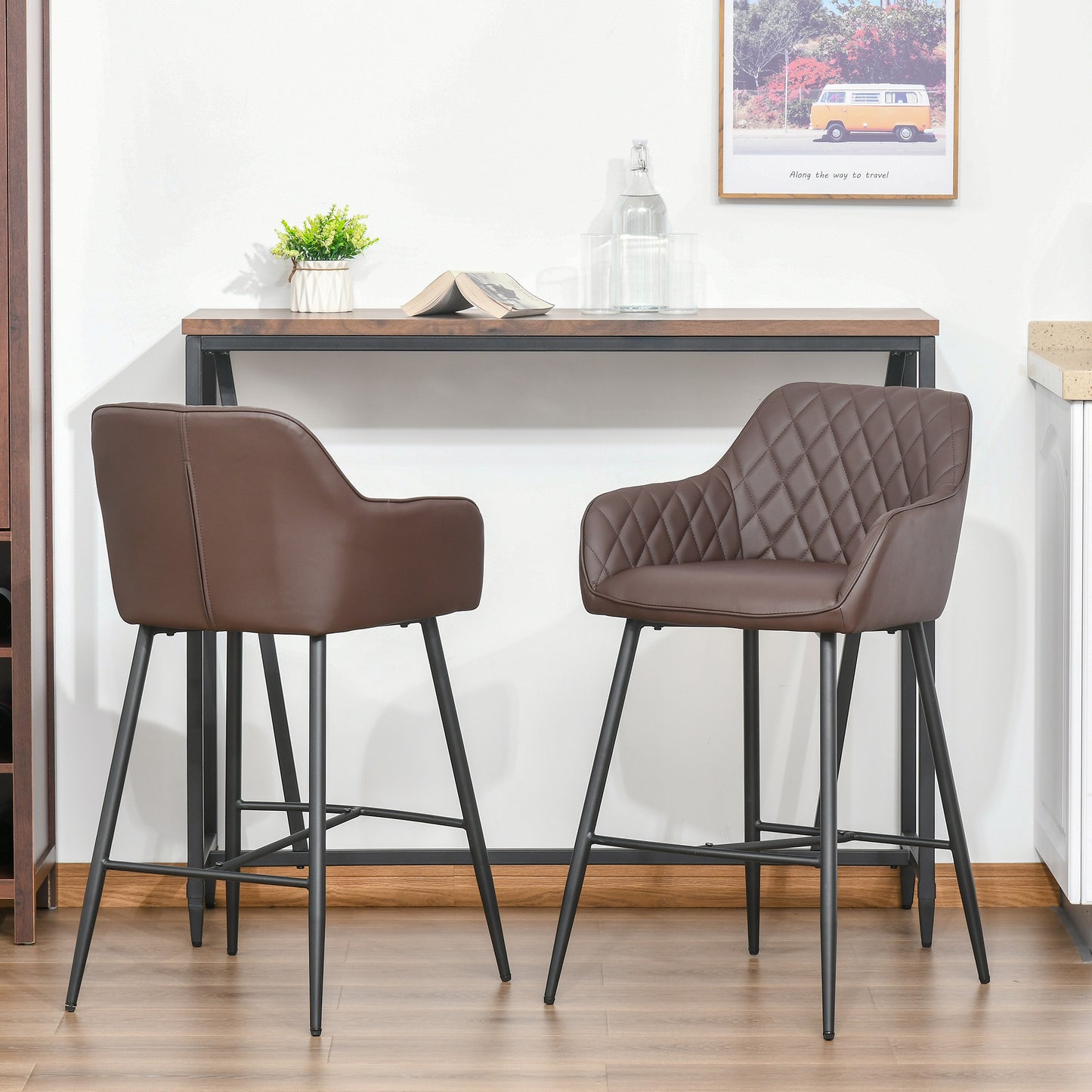 Mayore Faux Leather Brown Retro Bar Chairs Set Of 2 With Metal Frame And Footrest