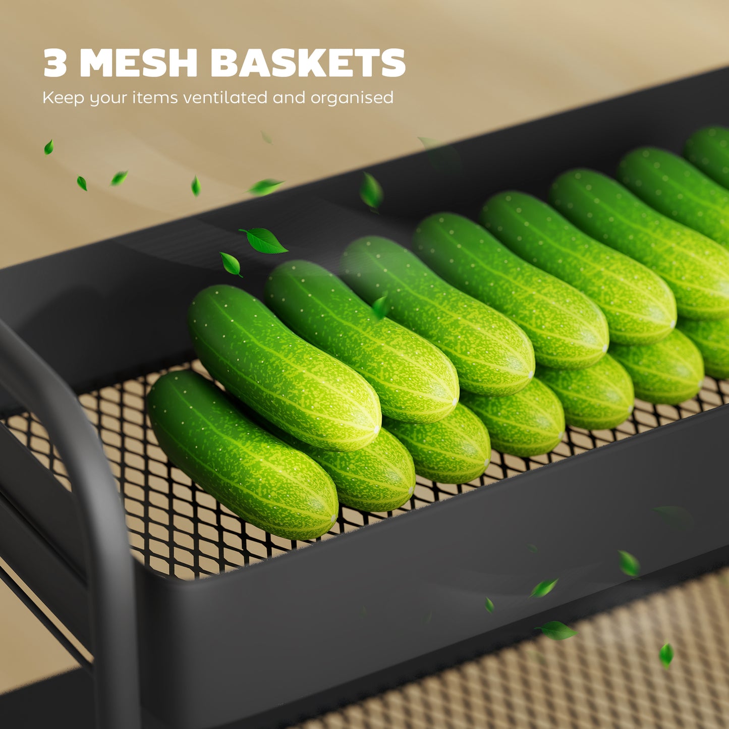 Rakemi Metal Black 3 Tier Rolling Utility Trolley With Mesh Baskets