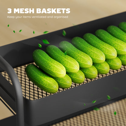 Rakemi Metal Black 3 Tier Rolling Utility Trolley With Mesh Baskets
