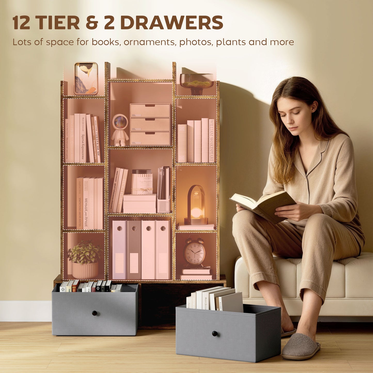 Nero Wooden Brown 12 Compartment Storage Unit With Drawers