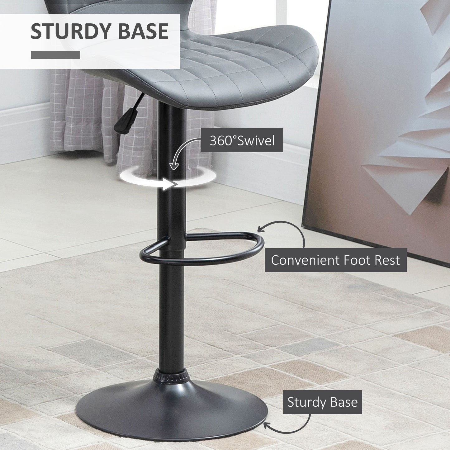 Patari Set Of 2 Faux Leather Grey Adjustable Bar Chairs With Backrest And Footrest