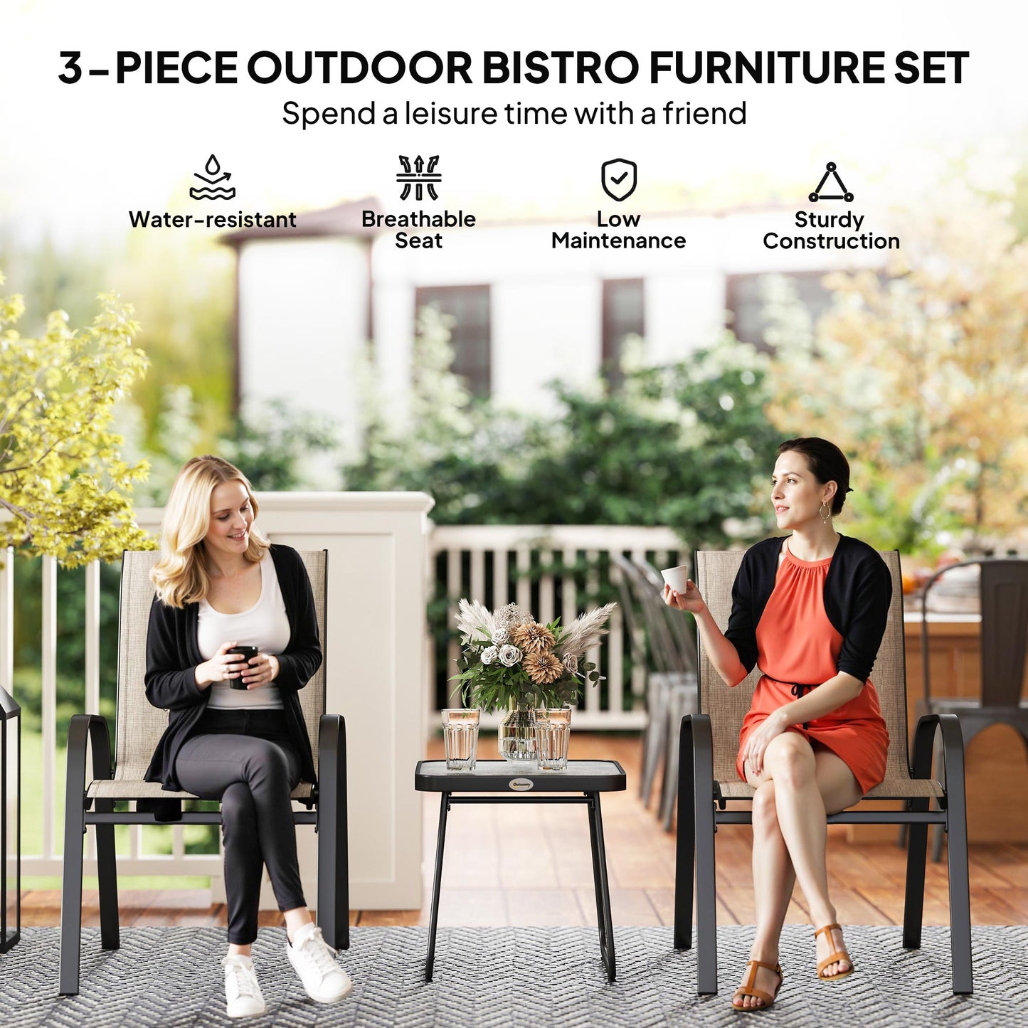Diseli 3 Piece Outdoor Mesh Bistro Set With Stackable Chairs And Coffee Table In Brown