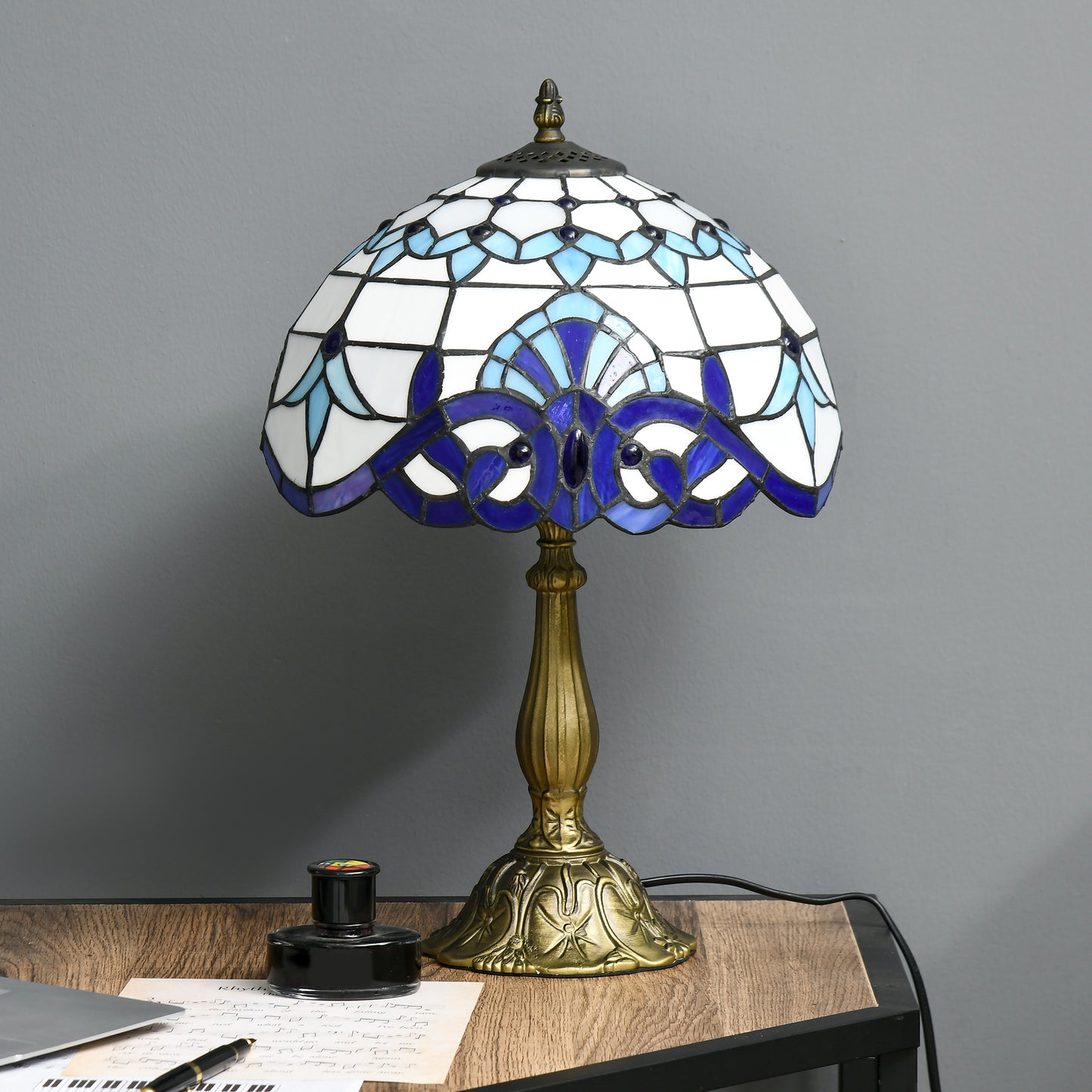 Repatto Glass And Metal Blue Handcrafted Stained Glass Table Lamp