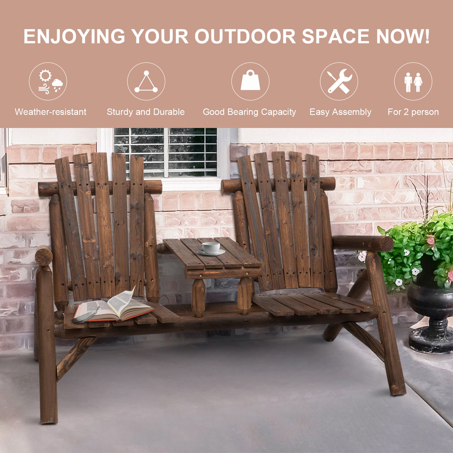 Basaveva Wood Natural Jack And Jill 2 Seater Garden Bench With Centre Coffee Table