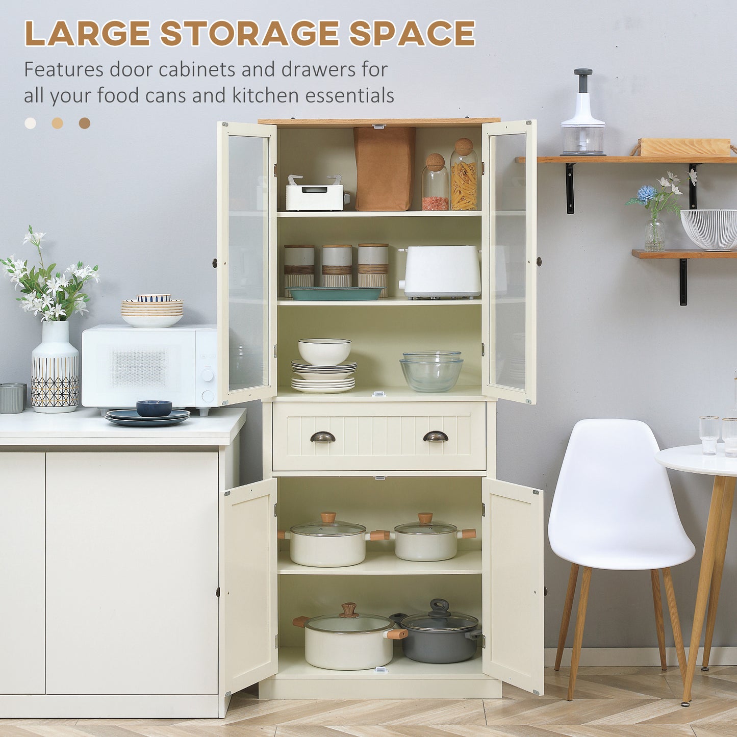 Fidozi Wooden Cream White 5 Tier Freestanding Kitchen Cupboard With Adjustable Shelves And Drawer