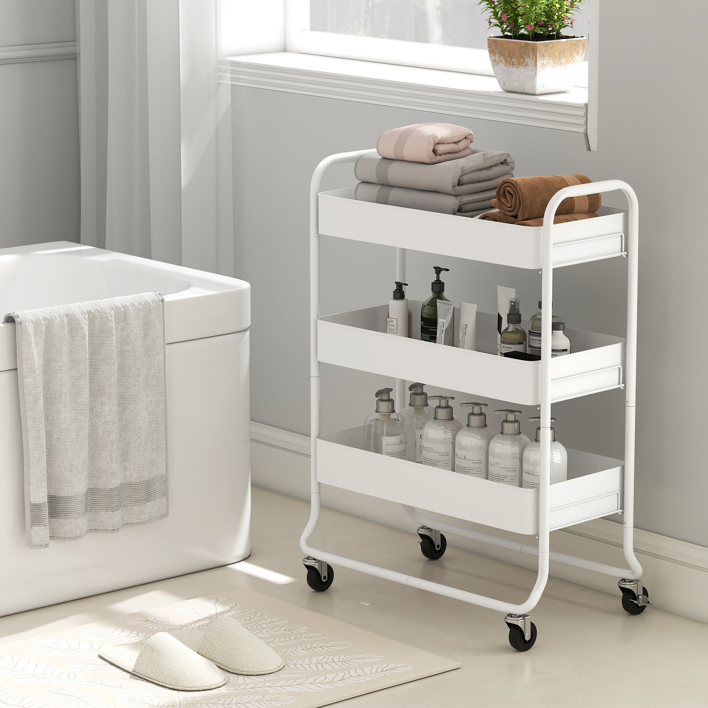 Saseta Sosa Metal White 3 Tier Rolling Utility Trolley With Mesh Baskets