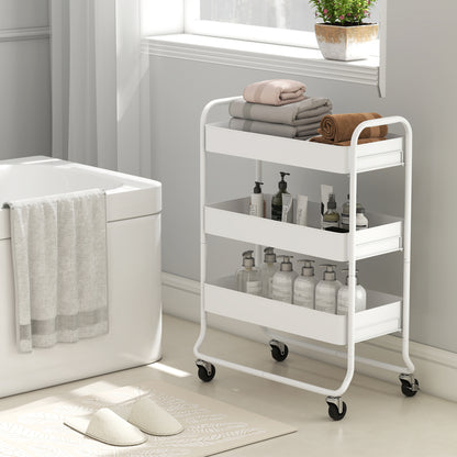 Saseta Sosa Metal White 3 Tier Rolling Utility Trolley With Mesh Baskets