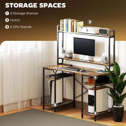 Sedo 120cm Rustic Brown Gaming Desk With Power Outlets LED Lights Monitor Stand And Storage Hutch