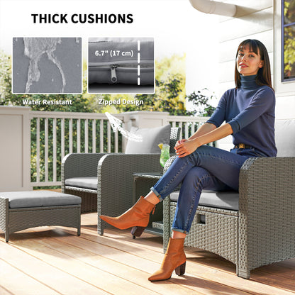 Rora Rattan Grey 5 Piece Garden Bistro Set With 2 Tier Coffee Table And Footstools