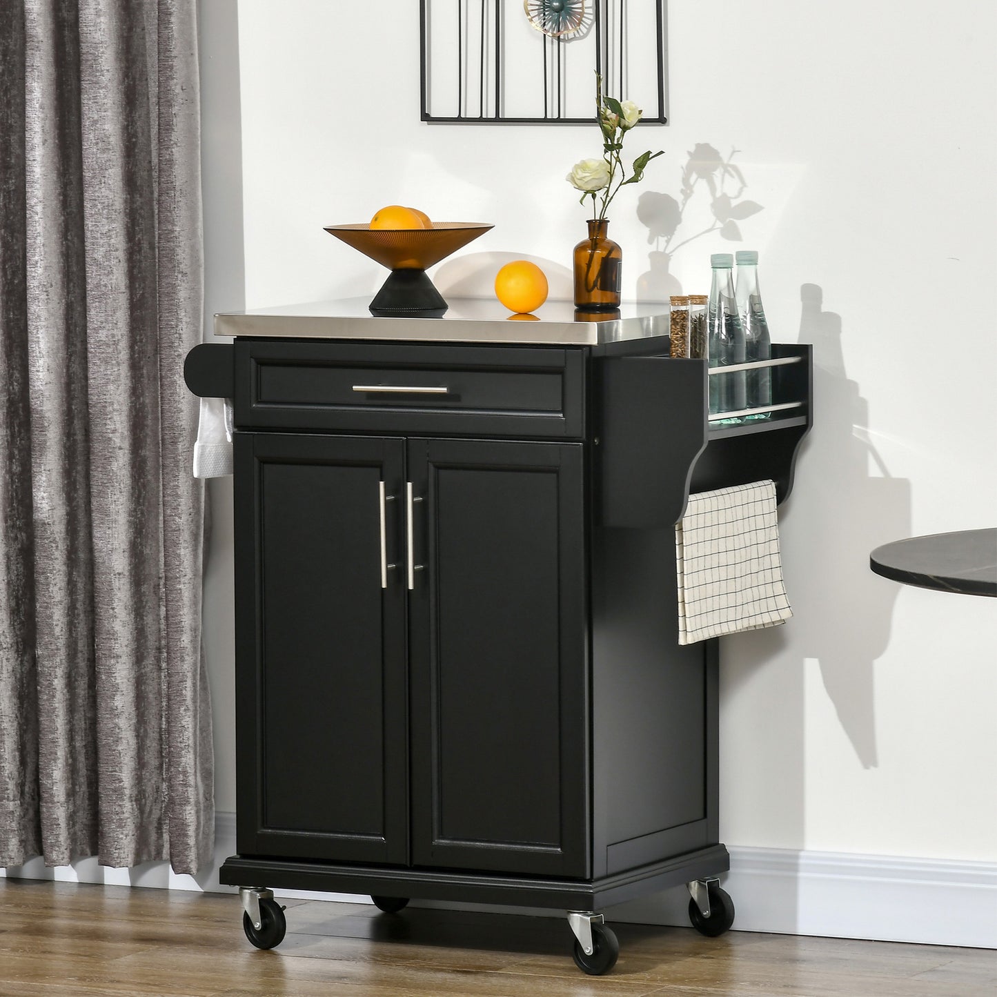 Paha Wood And Steel Black Kitchen Island Trolley With Stainless Steel Top Drawer And Side Rack