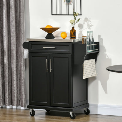 Paha Wood And Steel Black Kitchen Island Trolley With Stainless Steel Top Drawer And Side Rack