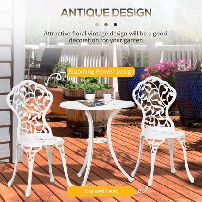Karipa Cast Aluminium White 3 Piece Outdoor Floral Bistro Dining Set With Table And Chairs