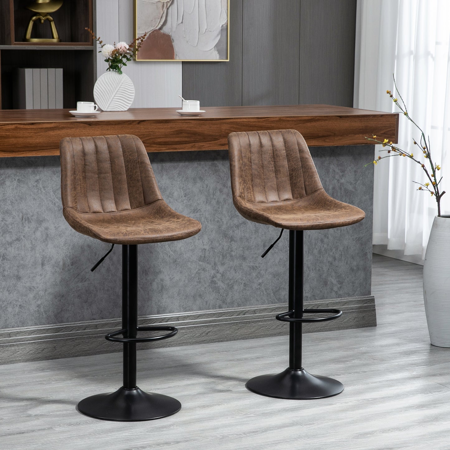 Rafava Faux Leather Brown Adjustable Breakfast Bar Chairs Set Of 2 With Upholstered Seats
