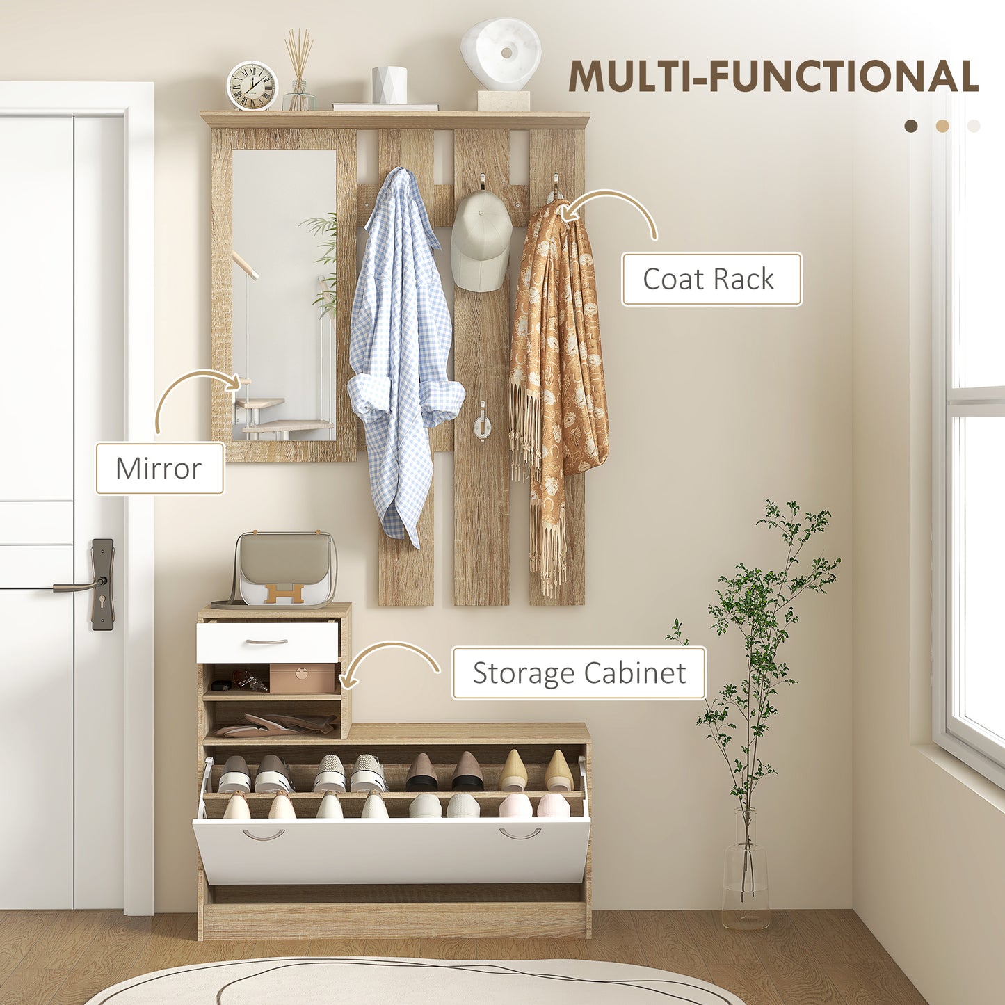 Haelna Natural Wood And White 3 In One Hallway Storage Set
