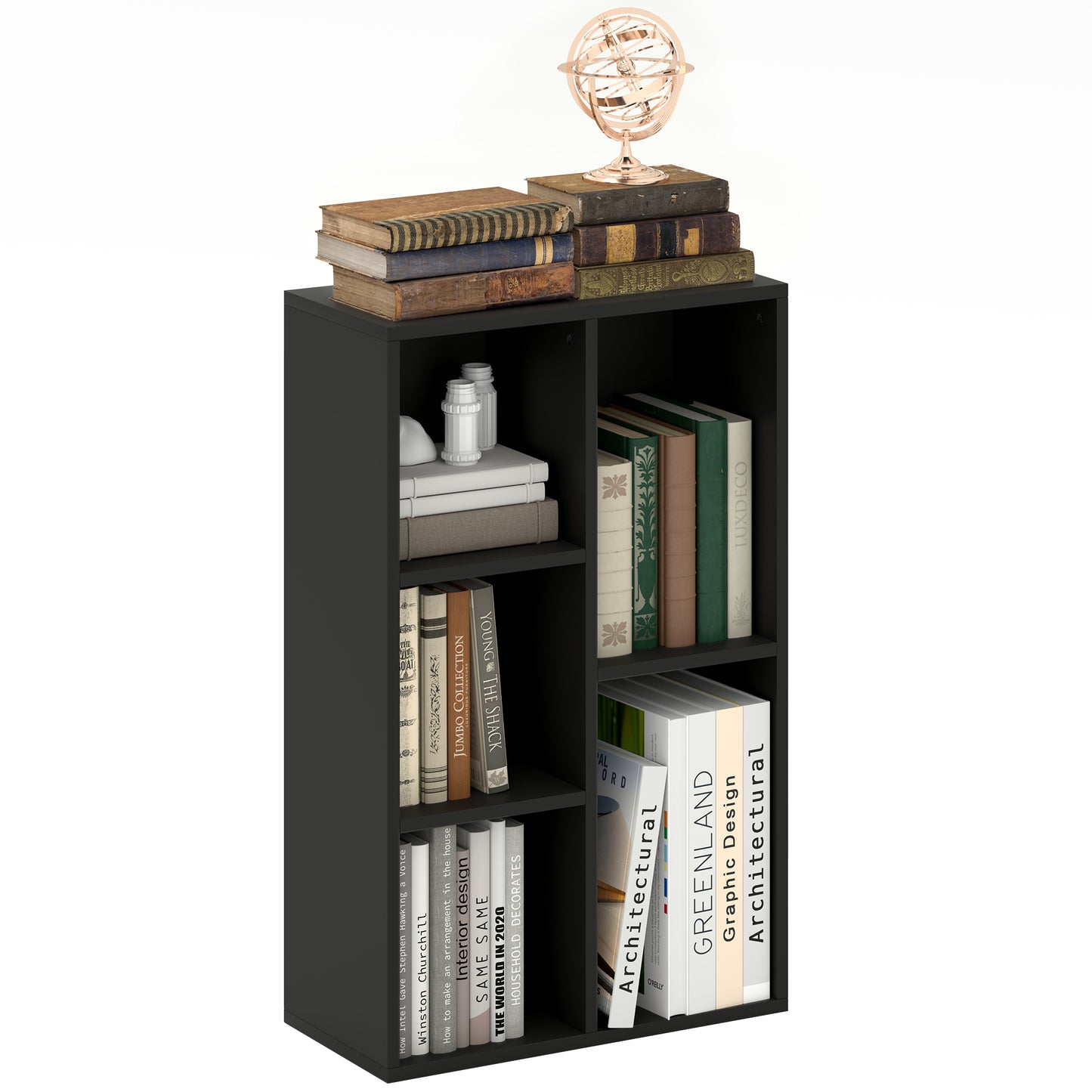 Vakeri Wood Black 2 Tier Bookcase With 5 Storage Compartments