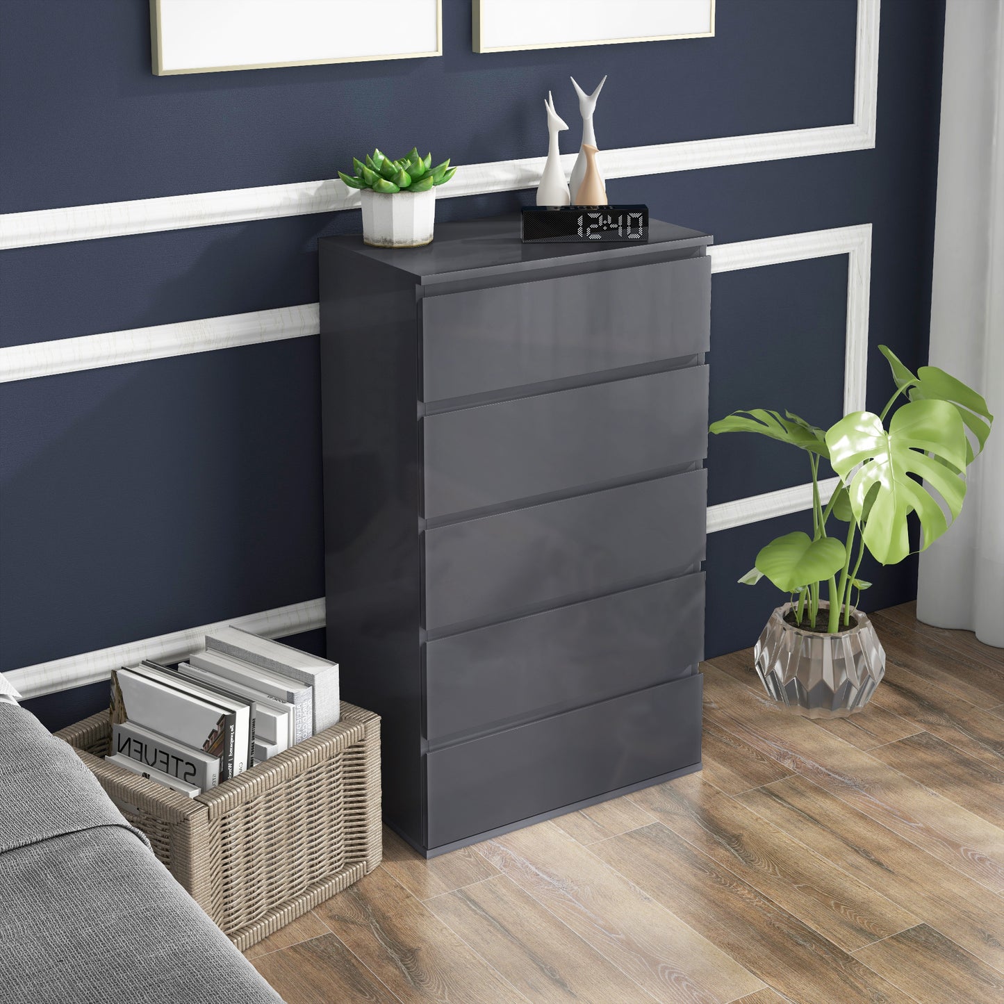 Kevano High Gloss Grey 5 Drawer Modern Storage Chest