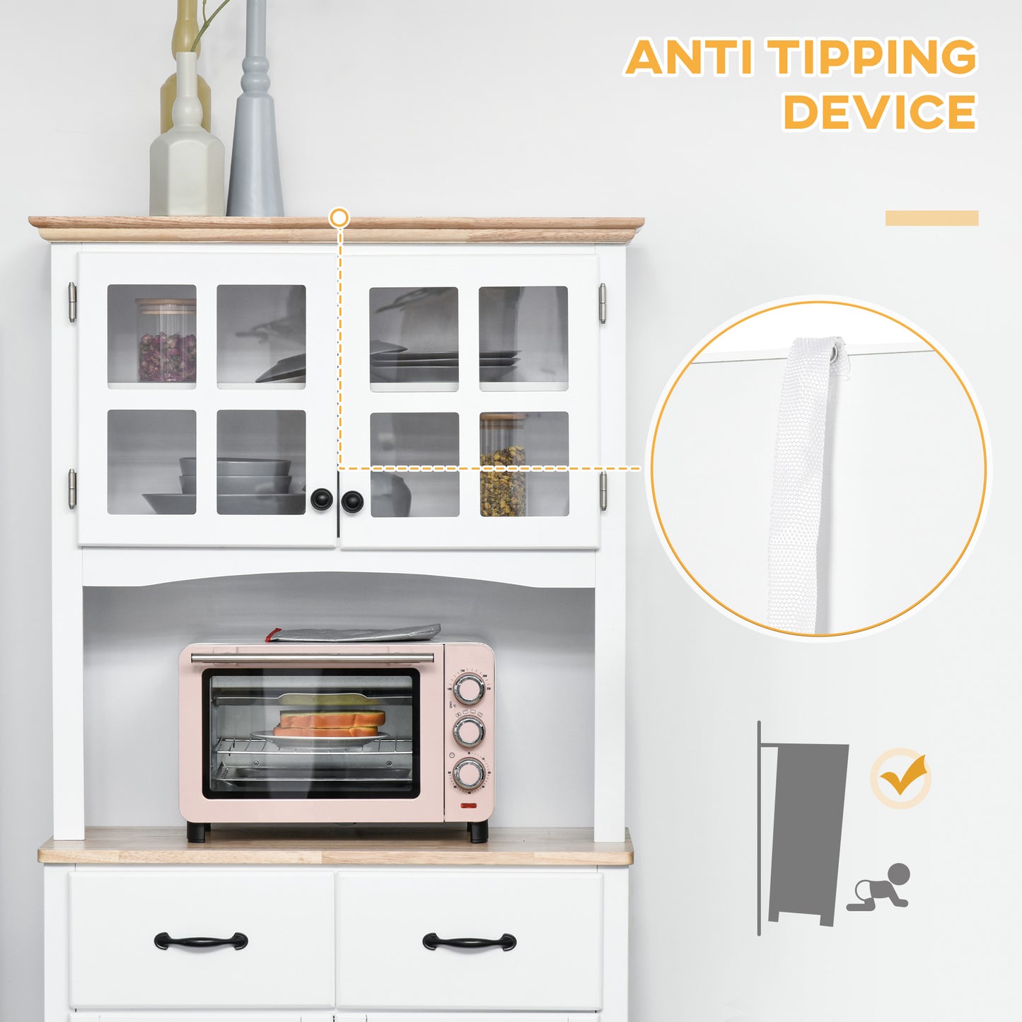 Fidipa Wooden White Kitchen Storage Cupboard With Glass Doors And Microwave Shelf 172 cm