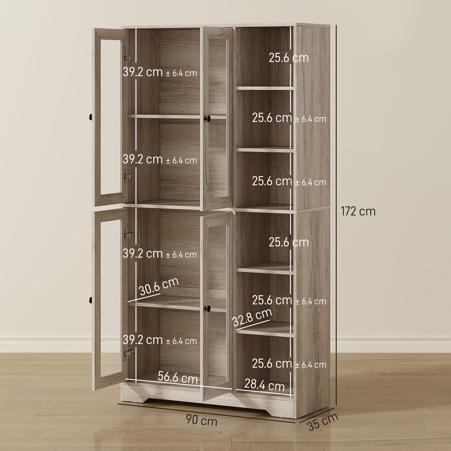 Mole Pantry Wooden Grey Wood Effect Kitchen Storage Cabinet With Glass Doors