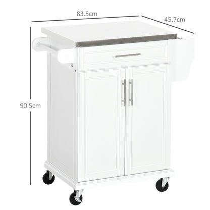 Nenapa Wooden White Kitchen Island On Wheels With Stainless Steel Top Drawer And Side Rack