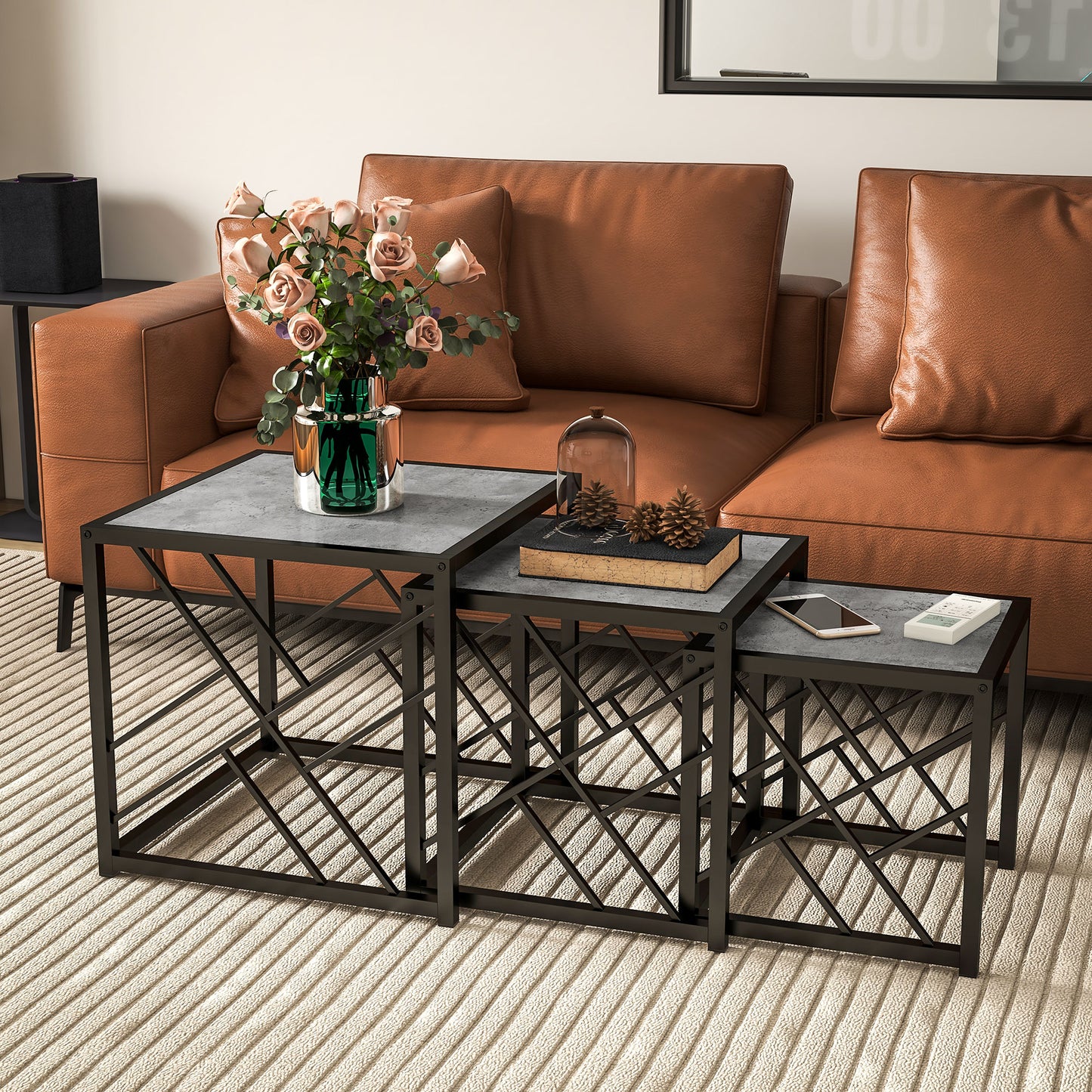 Safi Metal And Wood Grey Set Of 3 Square Nesting Side Tables With Black Frame