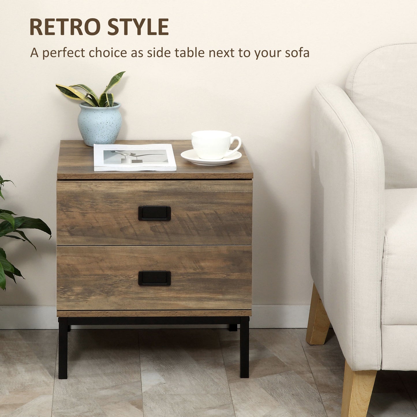 Monoyo Set Of 2 Coffee Brown Retro Bedside Tables 2 Drawers Black Legs