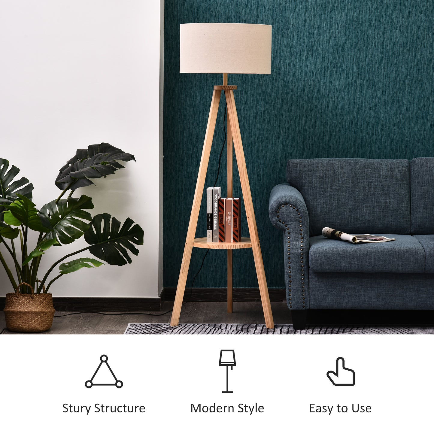 Laravi Natural Wood And Fabric Cream Tripod Floor Lamp With Shelf And Linen Shade 154 cm