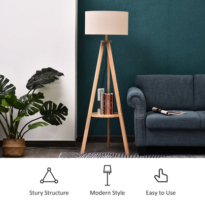 Laravi Natural Wood And Fabric Cream Tripod Floor Lamp With Shelf And Linen Shade 154 cm