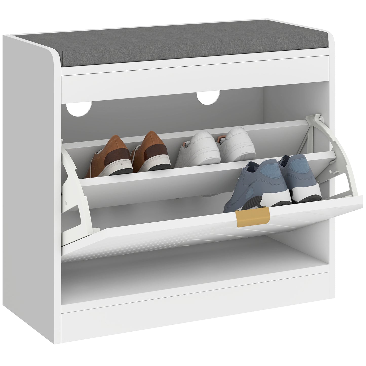 Baniri White Wood and Grey Upholstered Entryway Shoe Bench With Flip Drawer