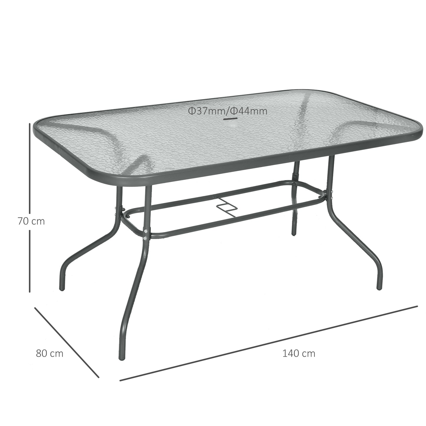 Lemone 140cm Metal Grey Rectangular Garden Dining Table With Glass Top And Parasol Hole