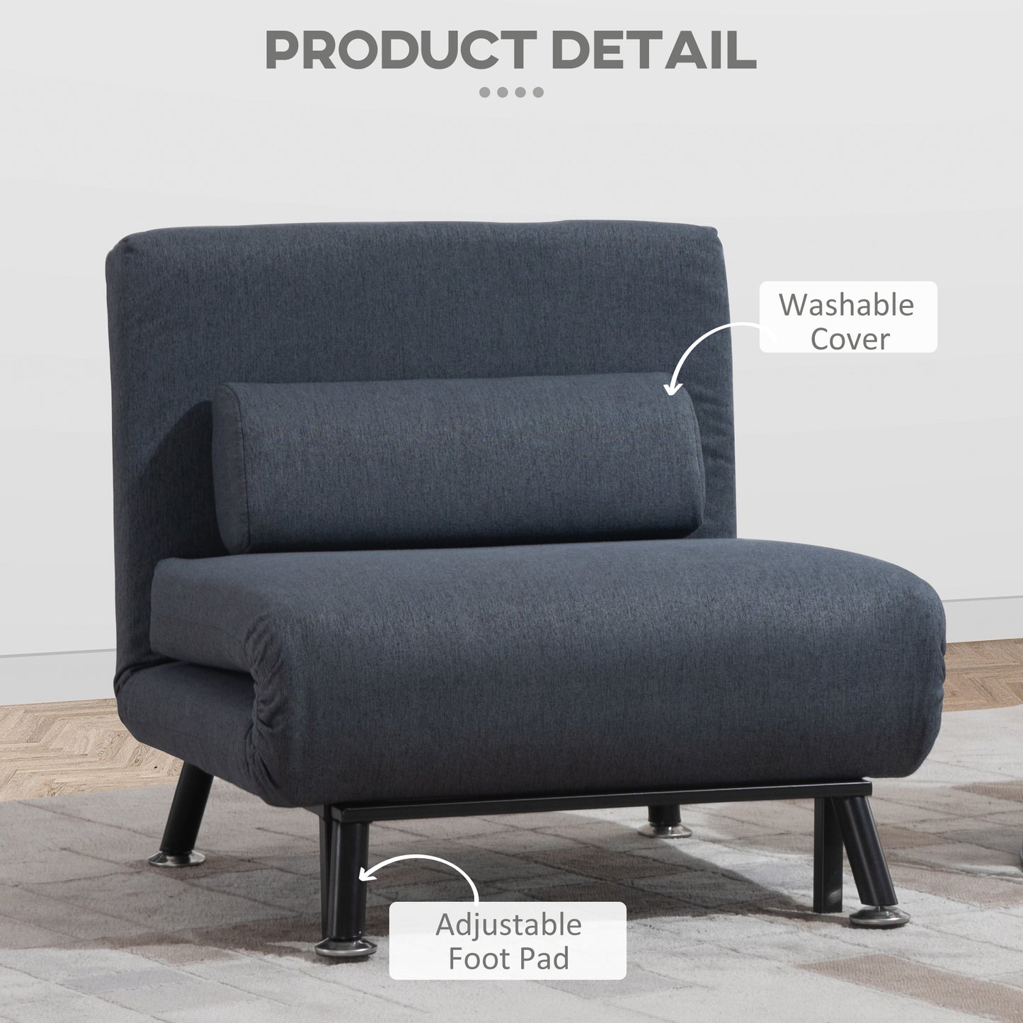 Raha Linen Dark Grey 3 In One Convertible Chair Bed With Adjustable Backrest And Pillow