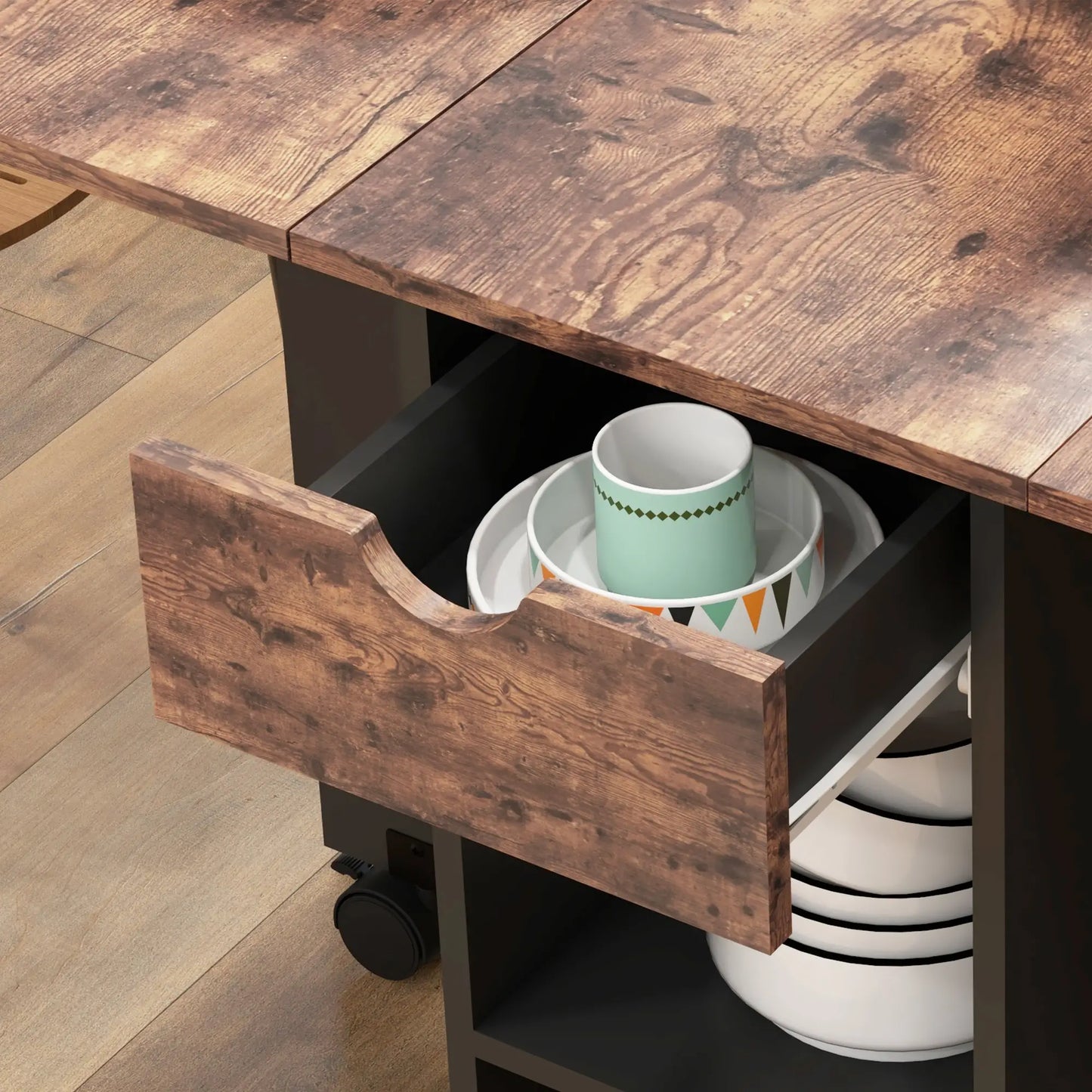 Barretti Wooden Rustic Brown Folding Drop Leaf Dining Table With Drawer And Storage Shelves