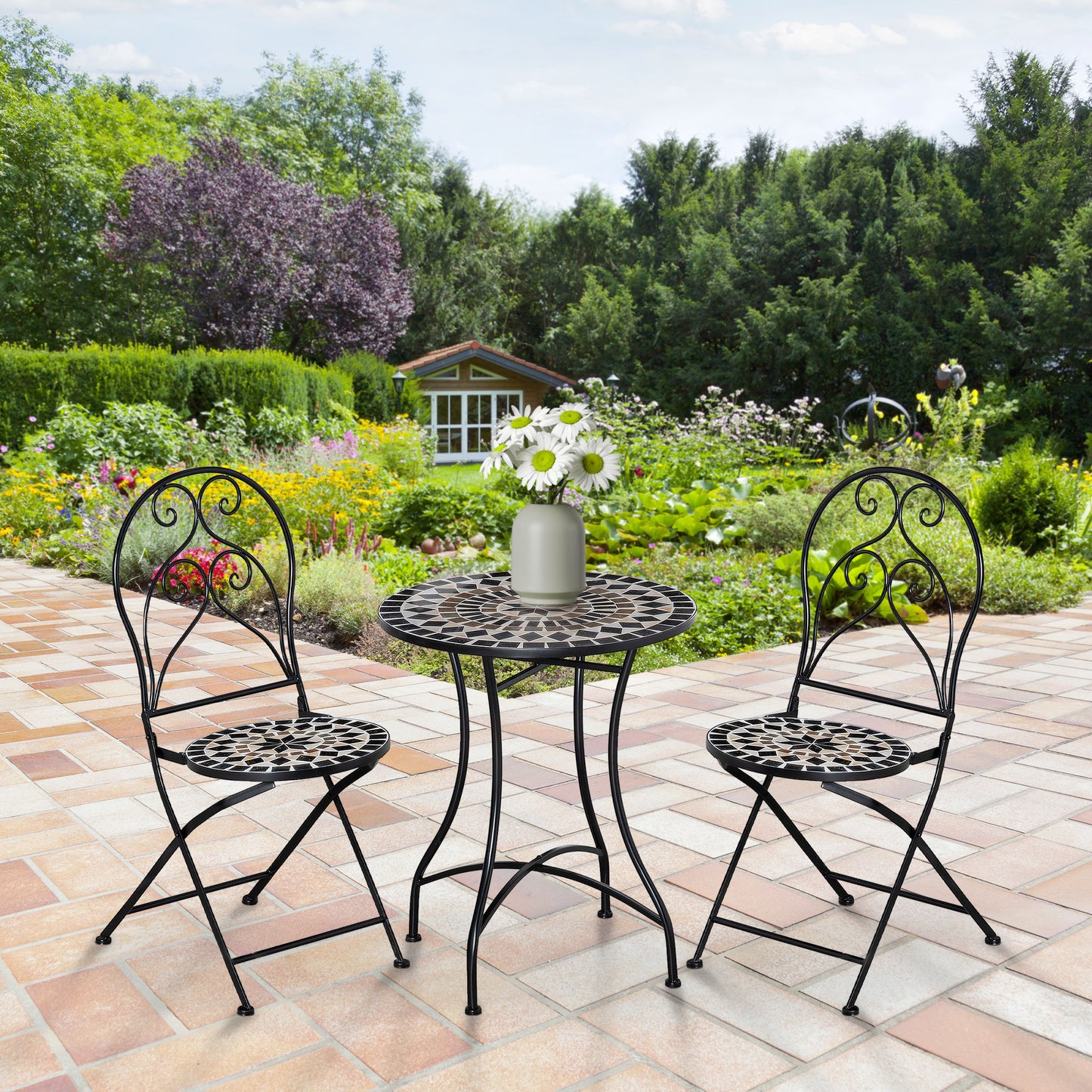 Bamasu 3 Piece Mosaic Garden Bistro Set With Folding Chairs And Coffee Table Black