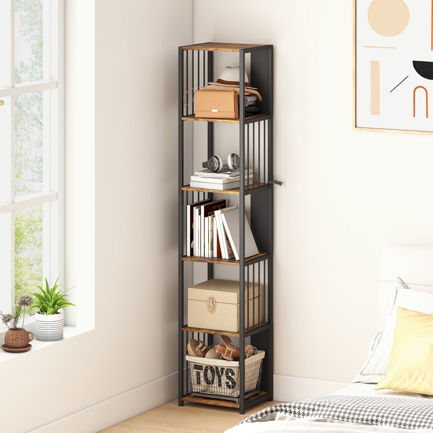 Remo Metal And Wood Rustic Brown 5 Tier Bookshelf With Steel Frame