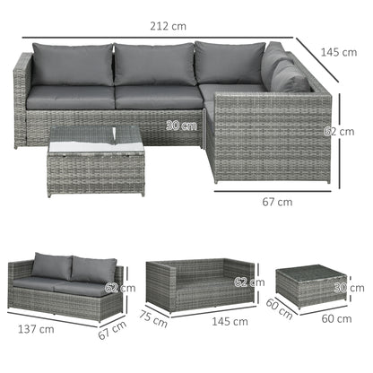 Laneri Rattan Grey 4 Seater Corner Garden Sofa Set With Glass Table