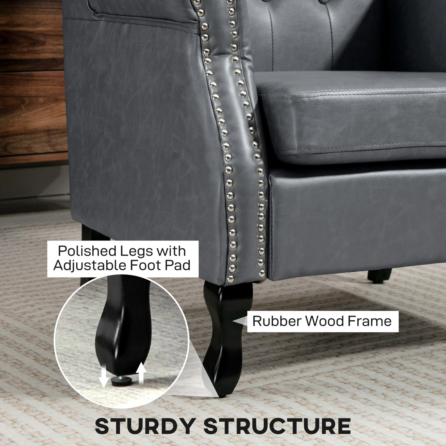 Radima Grey Faux Leather Chesterfield Wingback Accent Armchair With Nail Head Trim
