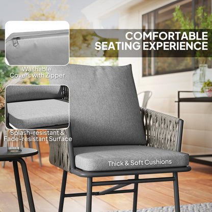 Sunoco Grey Rattan Weave Rope 3 Piece Bistro Set With Cushions And Glass Coffee Table