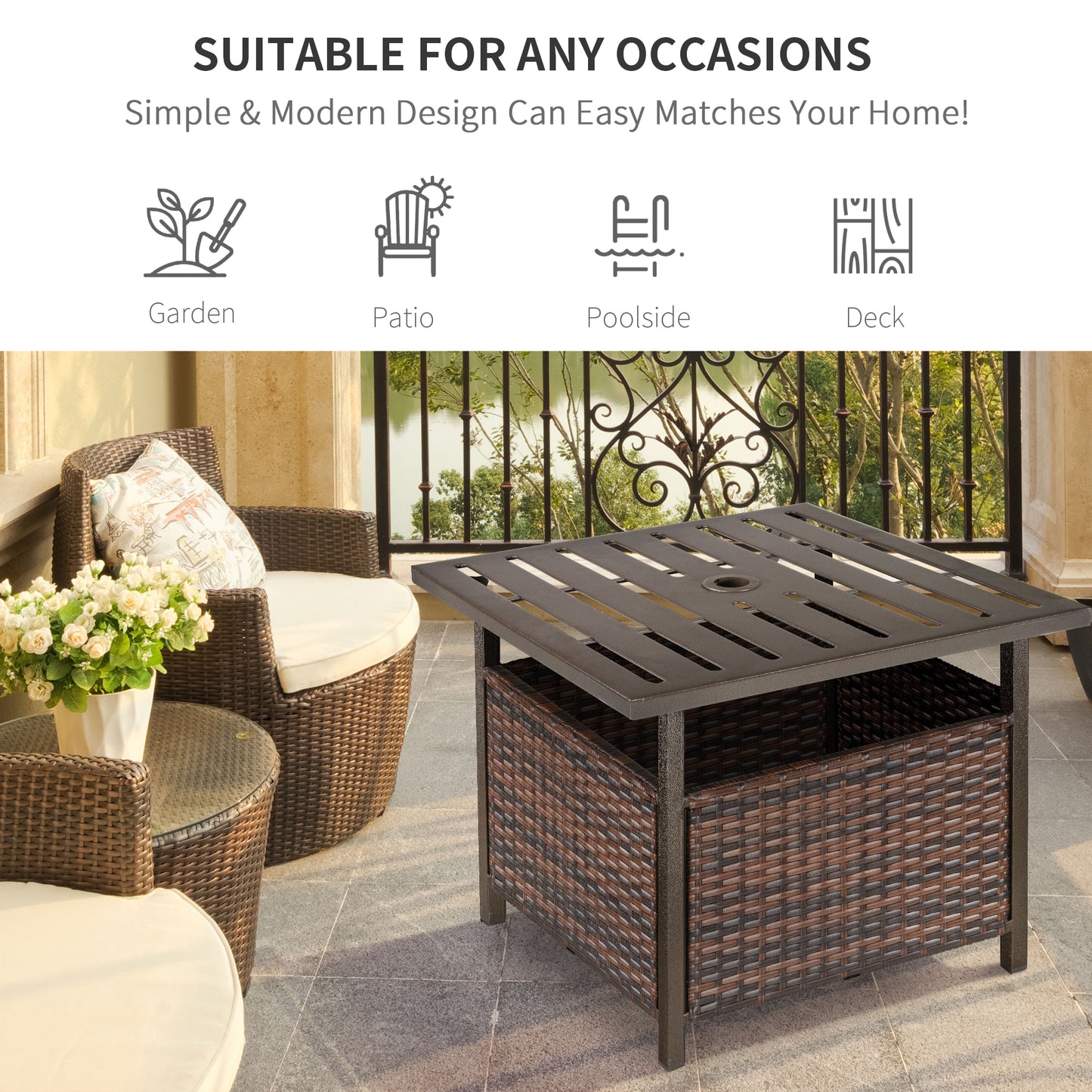 Lalema Rattan Brown Square Outdoor Coffee Table With Umbrella Hole And Slatted Top