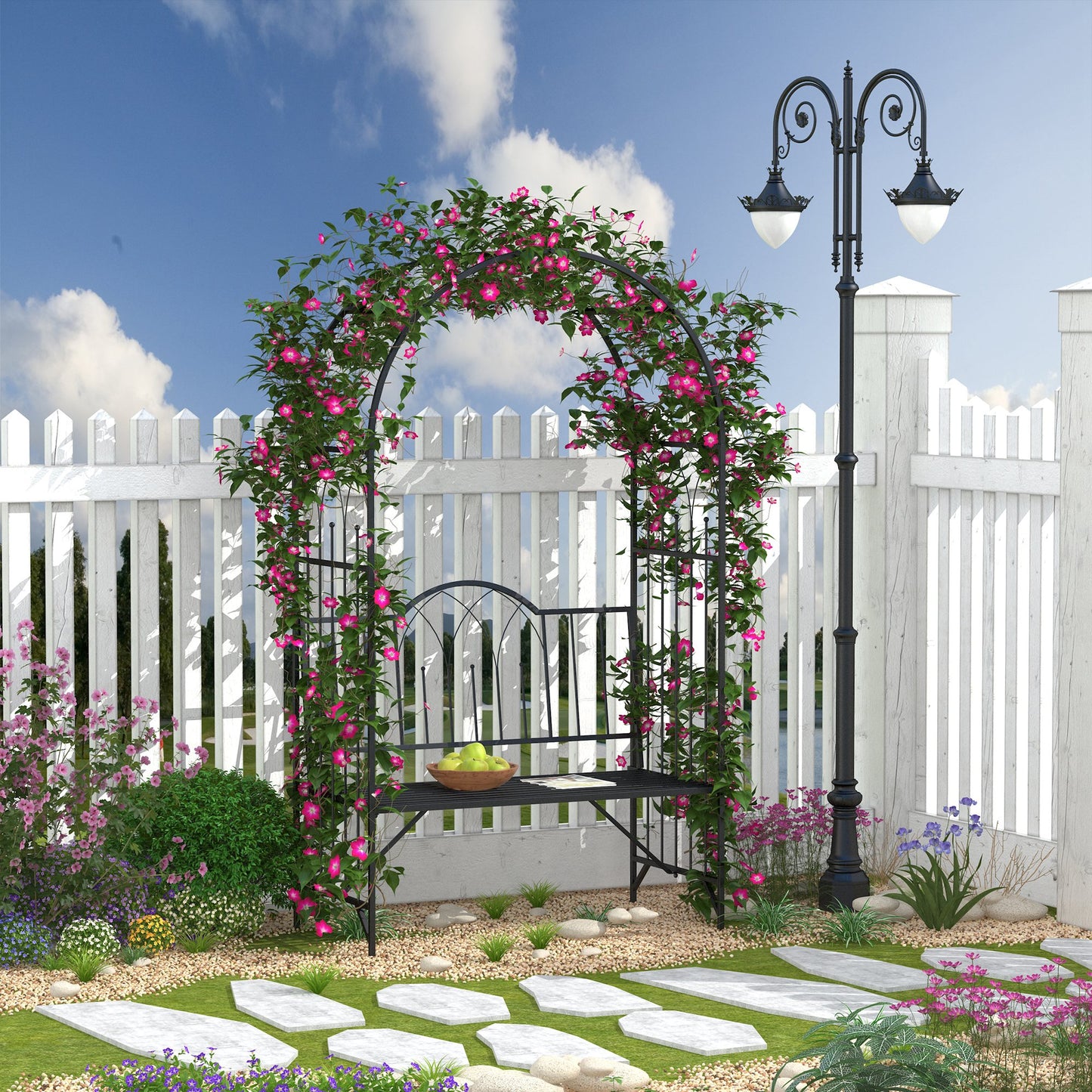 Katoba Metal Black 2 Seater Garden Arch Bench With Trellis For Climbing Plants