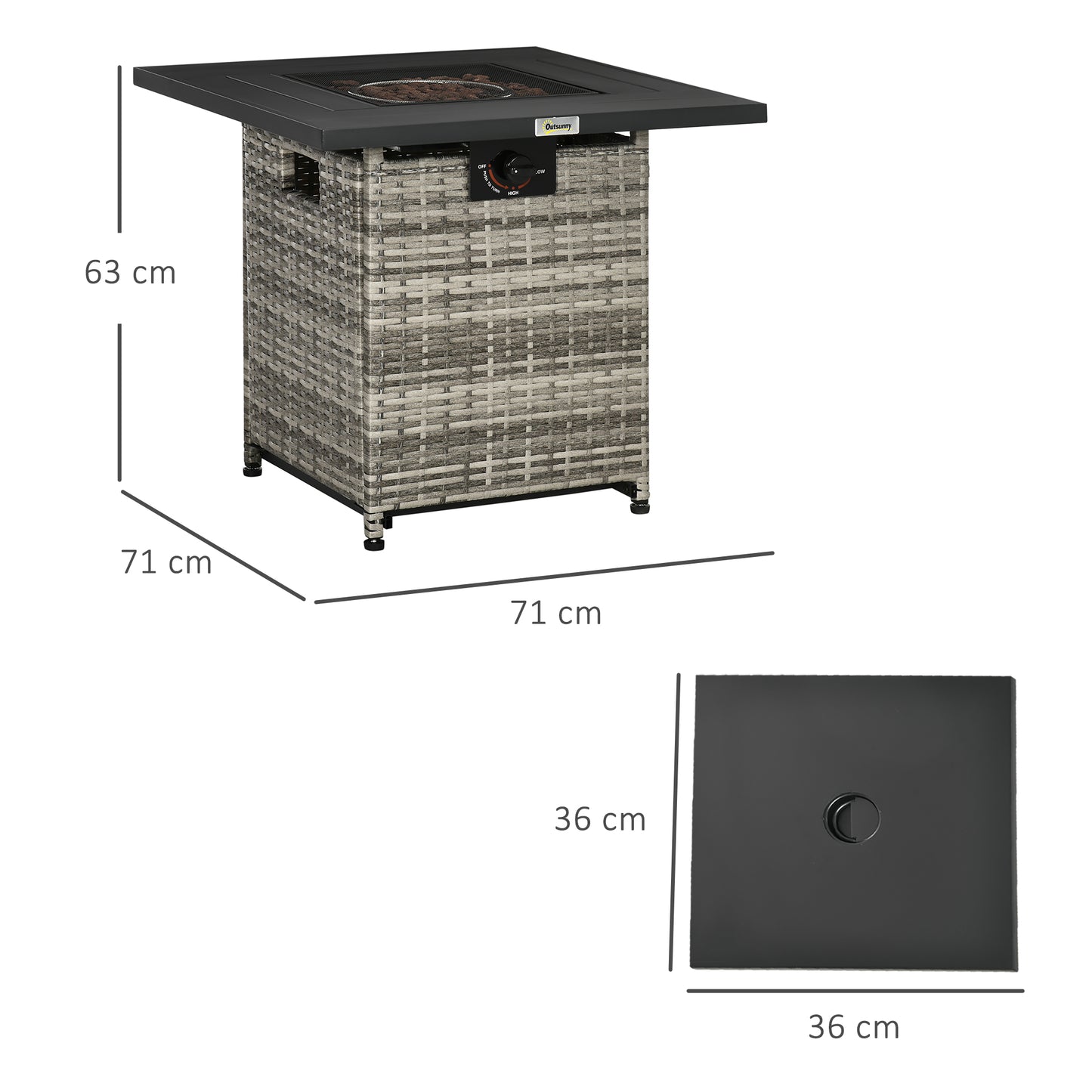 Rata Faux Rattan Grey Square Gas Fire Pit Table With Rain Cover Mesh Lid And Lava Stones