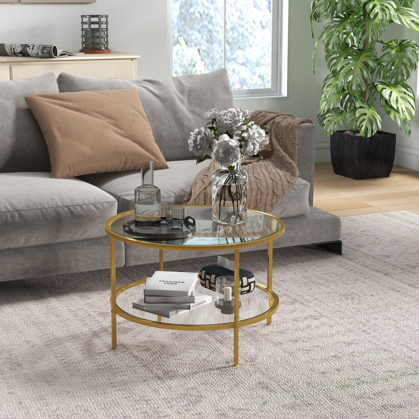 Tosomi Metal And Glass Gold Tone Round 2 Tier Coffee Table With Storage Shelf