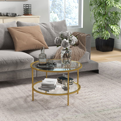 Tosomi Metal And Glass Gold Tone Round 2 Tier Coffee Table With Storage Shelf