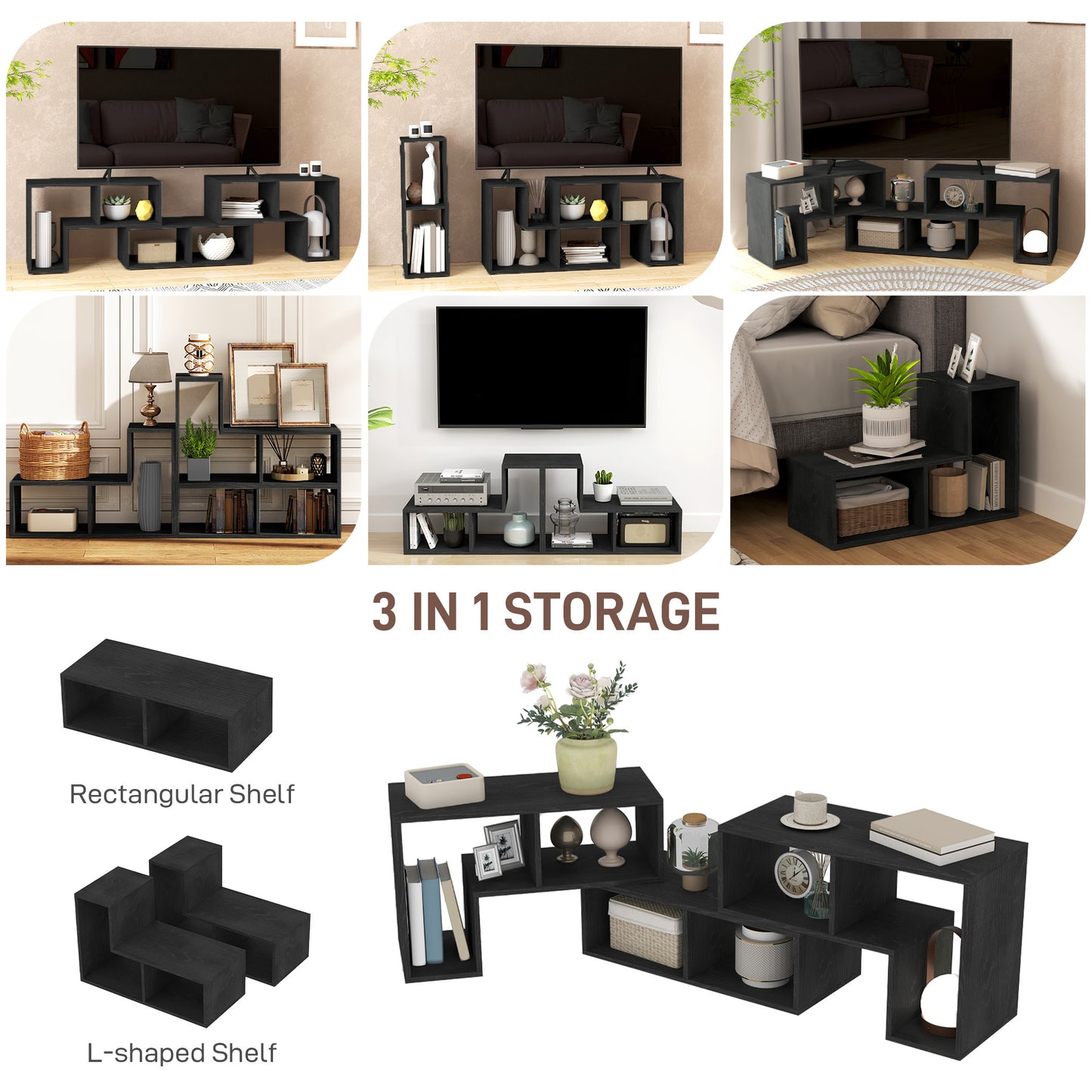Tota 134cm Black Wood Effect 3 Block Modular TV Stand
