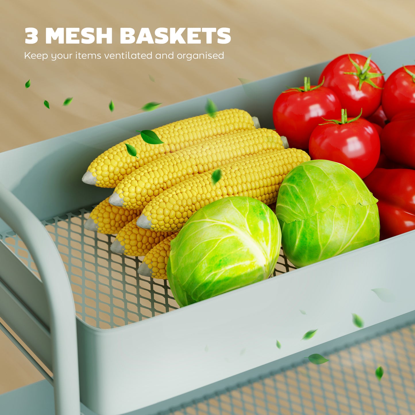 Nokeyo Metal Light Green 3 Tier Rolling Utility Trolley With Mesh Baskets