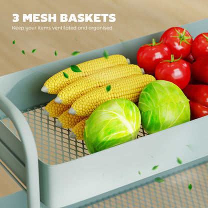 Nokeyo Metal Light Green 3 Tier Rolling Utility Trolley With Mesh Baskets