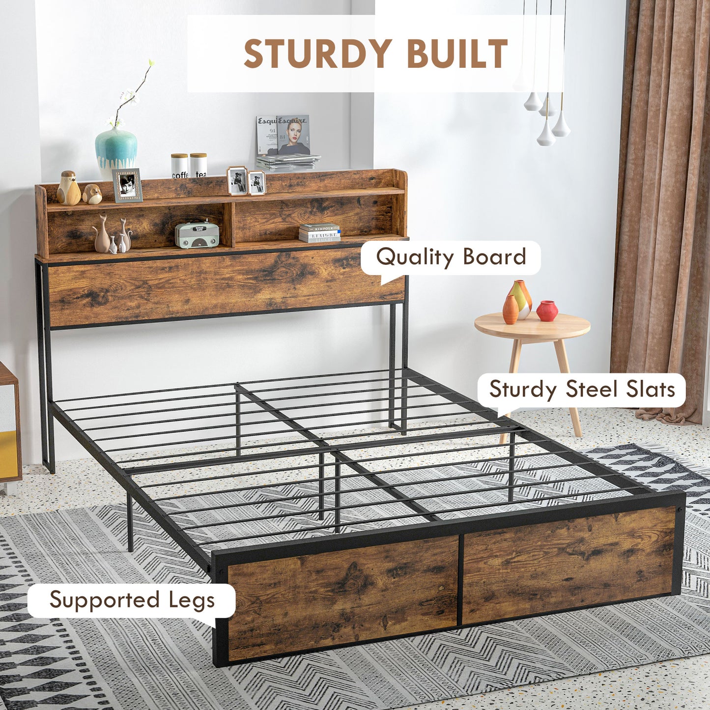 Selofa 5FT2 Brown and Black Metal Industrial King Bed Frame with Shelves