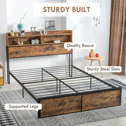 Selofa 5FT2 Brown and Black Metal Industrial King Bed Frame with Shelves