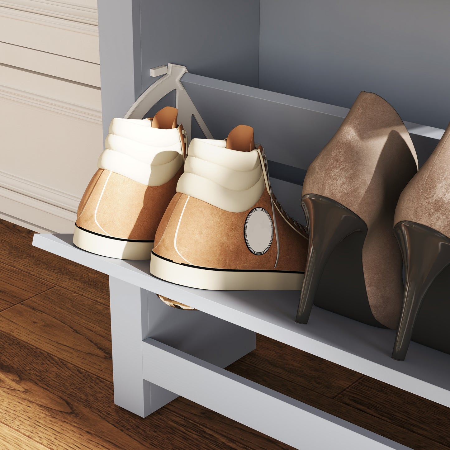 Kamcha Grey and Natural Wood Narrow Shoe Cabinet With 2 Flip Drawers For 6 To 12 Pairs